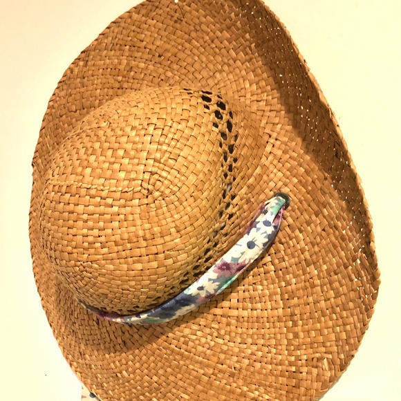 Vintage Country Farmhouse Gardening Decorative Straw Hat/Blue Floral Fabric Ties - Picture 2 of 4